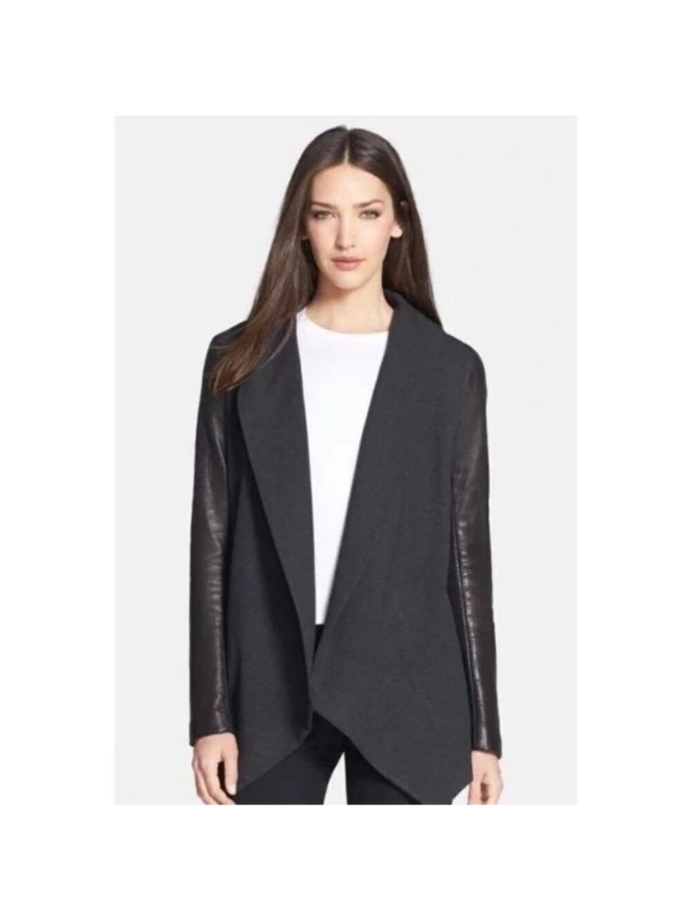 Theory Black Draped Open-Front Jacket with Leather-Trim Sleeves